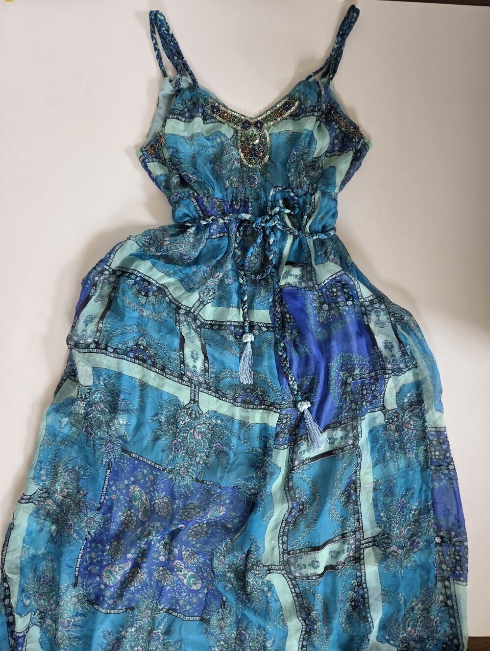 Blue Silk beaded maxi dress gown with waist tie patchwork boho stretch waist 4 - Picture 11 of 16